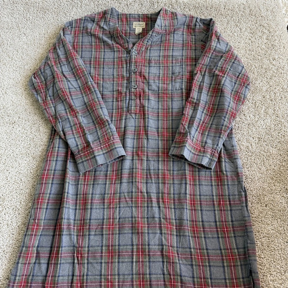 Vintage L.L. Bean Sleepshirt Mens Large Gray Plaid Flannel Henley Nightshirt